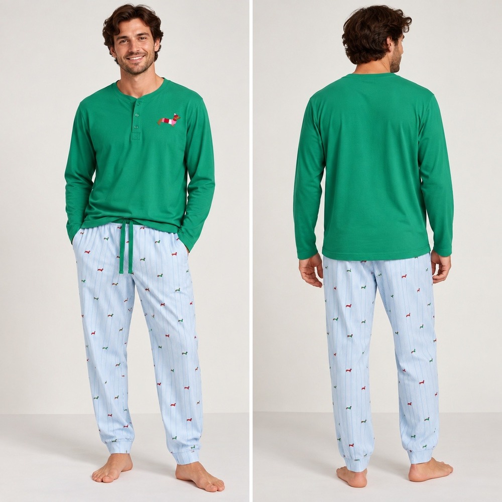 BedHead PJs Pajama Set Mens XL Green Blue Dachshund Dog Stripe Henley Jogger
